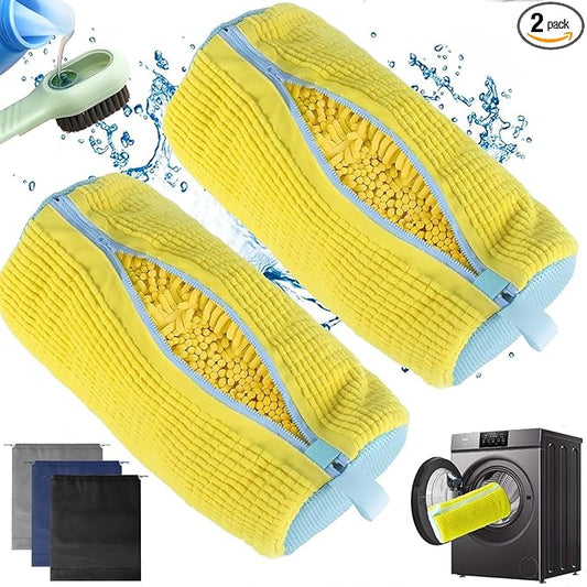 2Pcs Shoe Washing Machine Bag, Durable Laundry Shoe Bag for Washing Machine, Fluffy Fibers 360° Cleaning, Includes Liquid Shoe Brush & Travel Dust Bag, Ideal for Sneakers & Gym Shoes (yellow)