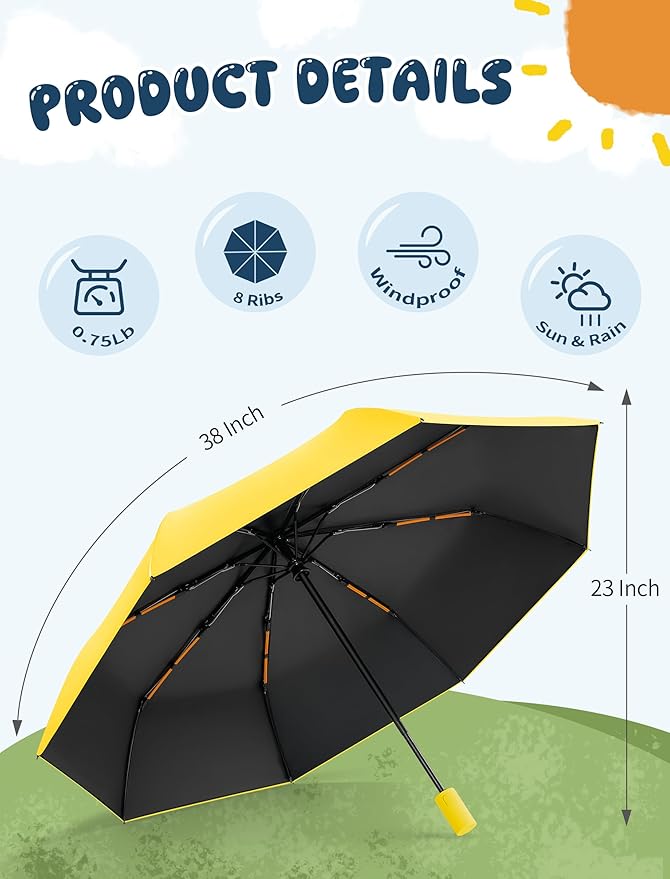 Yoobure Automatic Travel Umbrellas for Rain - Portable & Compact Umbrella for Backpack, Car, UV Umbrellas for Sun Protection, Windproof Folding Small Umbrella in Macaron for Kids, Women, Colorful