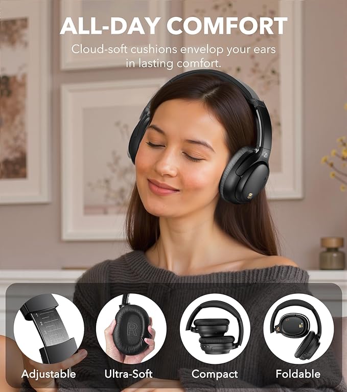 1Mii AI E700 Wireless Bluetooth Over Ear Headphones with Active Noise Cancelling, Hi-Res Audio LDAC/aptX Low Latency for Airplane Travel, AI Translation Voice Chat Custom EQ via App - Black