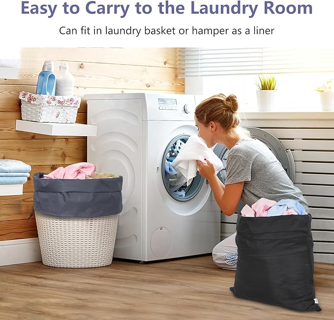 OTraki Laundry Bag 28x45 Inch Heavy Duty Laundry Wash Bag 2 Pack Large Laundry Basket Liner Bags Hamper Bag Dirty Clothes Organizer with Drawstring Closure for Travel Camp College Dorm (Grey&Black)