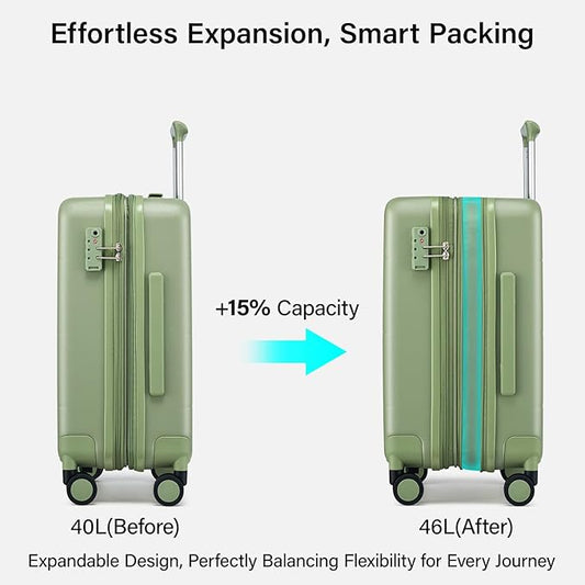 Hanke Expandable Carry On Luggage 22x14x9 Airline Approved, 20 Inch Hardside Luggage with Spinner Wheels, All-PC Hard Shell Carry-On Suitcase, Lightweight & TSA Approved (Bamboo Green, 46L)