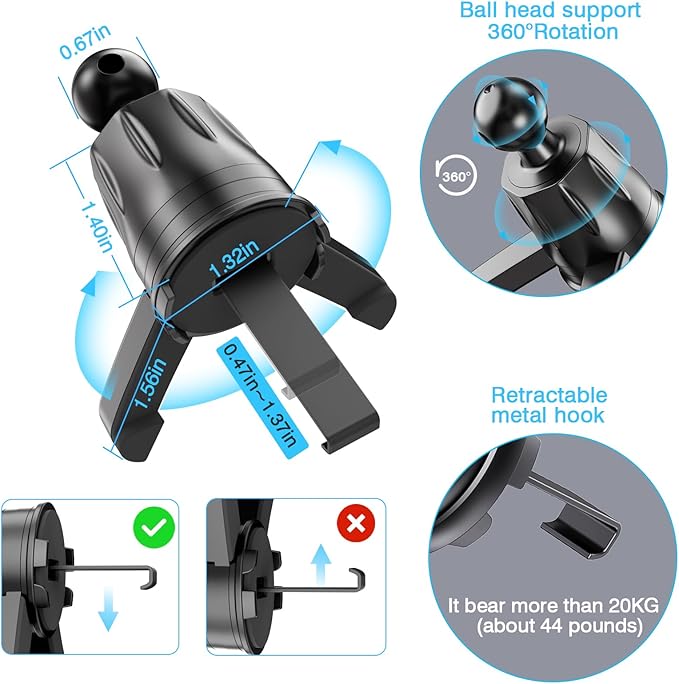 DAFAMA Air Vent Clip for Car Mount Replacement,Adjustable Triangular Fixing Foot and Metal Hook,Universal Vent Grip for Car Phone Holder and Wireless Car Charger,Joint Ball Diameter 0.67inch/17mm