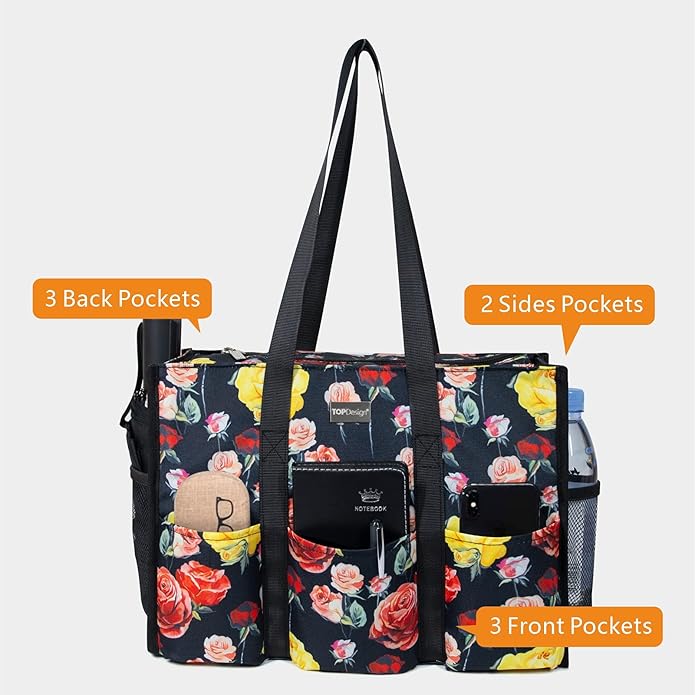 TOPDesign Utility Water Resistant Tote Bag with 13 Pockets, Top Zipper Closure & Thick Bottom Support, for Working Women
