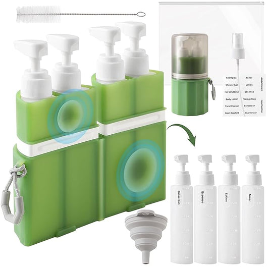 4-in-1 Travel Bottles for Toiletries, TSA Approved Travel Size Toiletries, Leak Proof Refillable Travel Size Shampoo and Conditioner Sets with Wall-Mountable Suction Cup, Green