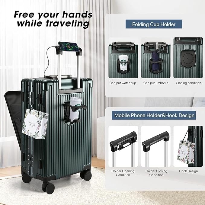 MRPLUM Front Pocket Carry On Luggage,PC Hardside Spinner Wheel Suitcase with TSA Lock,Cup Holder,Phone Holder&USB Charging Port,Dark Green(1 Piece)