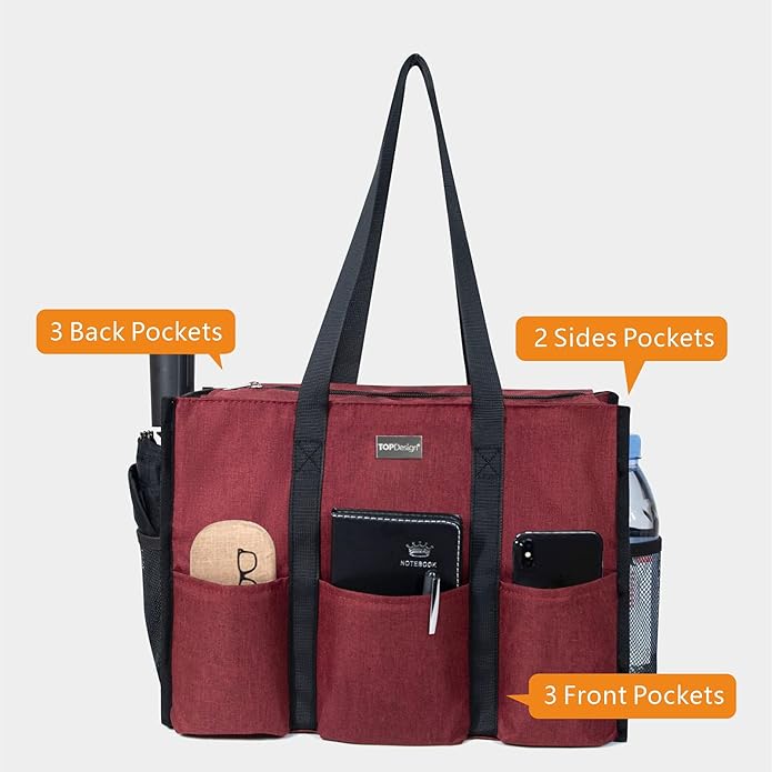 TOPDesign Utility Water Resistant Tote Bag with 13 Pockets, Top Zipper Closure & Thick Bottom Support, for Working Women