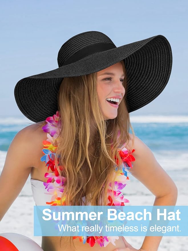 Senker Fashion Sun Hats for Women Oversize Wide Brim Straw Beach Hat Floppy Foldable Roll-Up Summer Vacation UPF 50+