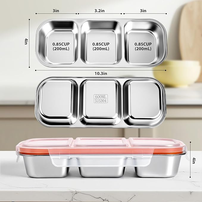 Etvski Stainless Steel Snack Box Container - 2 Pack Bento Box for Kids & Adults, 3 Compartment Leak-Proof Snack Containers with Lids（3Org+3Org）