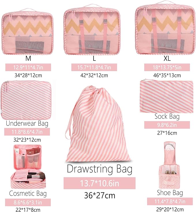 BAGAIL 8 Set Packing Cubes Luggage Packing Organizers for Travel Accessories-White and Pink Stripe