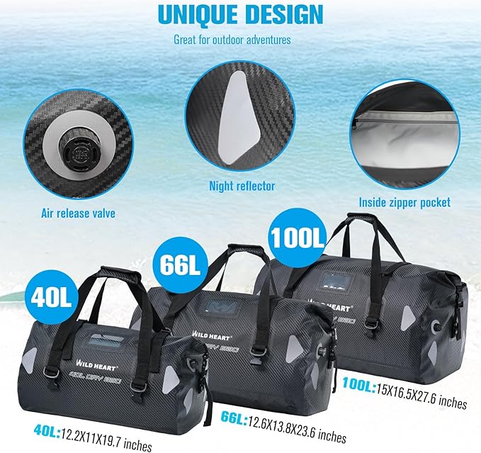 WILD HEART Waterproof Motorcycle Duffel Bag PVC500D Double-bottom With Rope Straps and Inner Pocket 40L 66L 100L for Kayaking, Camping, Boating,Motorcycle