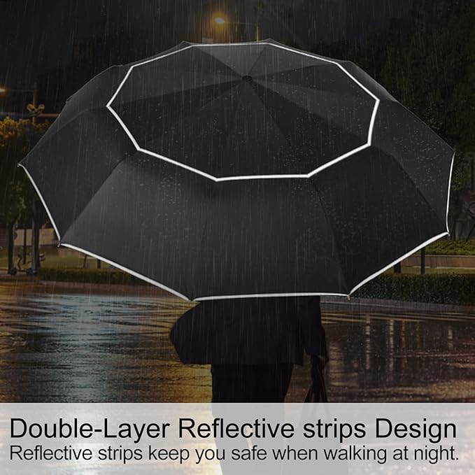 Satol Extra Large Golf Umbrella, 46/54/62 Inch Windproof 10 Ribs Vented Double Canopy Reflective Strips Automatic Open/Close Waterproof UV Protection Portable Compact Umbrella for Outdoor & Travel