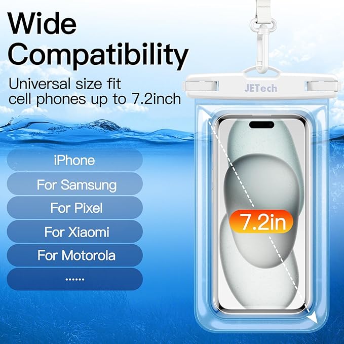 JETech Waterproof Phone Pouch, 2 Pack Water Proof Case for iPhone 17 16e 16 15 14 Air Pro Max Plus, Galaxy S25 S24 Ultra, Pixel 10 Series and Others up to 7.2 Inch, IPX8 Dry Bag (Black+Clear)