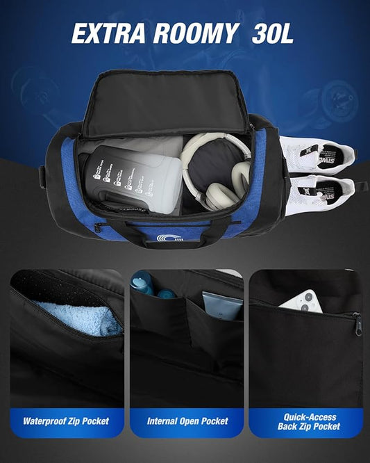 Gonex Gym Duffel Bag with Shoe Compartment Wet Pocket, Large Capacity Sports Duffle Bag for Men Women, Workout & Travel Bag with Multiple Pockets, Black/Blue, Small (30L)