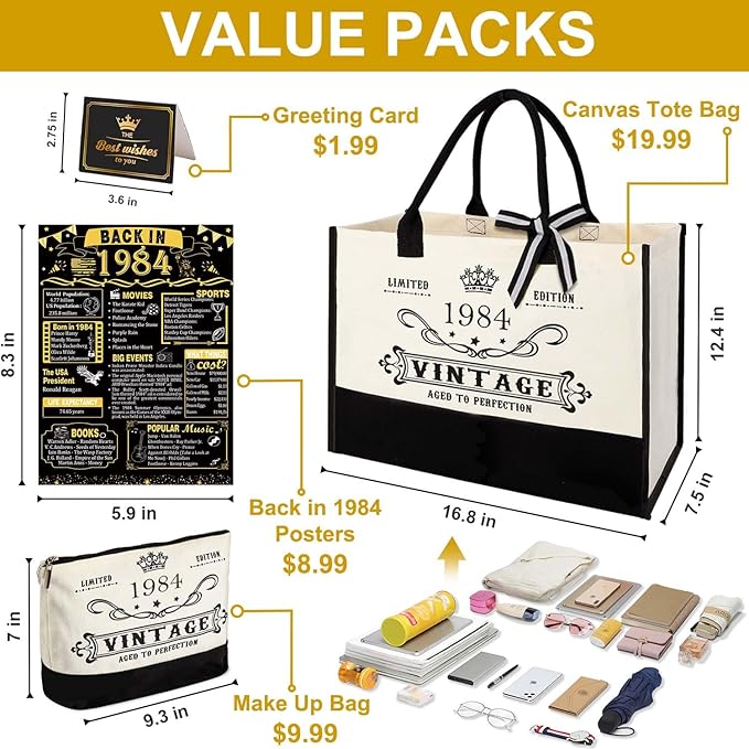 YeohJoy 41st Birthday Gifts for Her Canvas Tote Bag Travel Gear, Unique 41 Years Old Birthday Gifts for Girlfriend Sister Friends Women, Vintage 1984 Handbag & Cosmetic Bag & Back in 1984 Poster