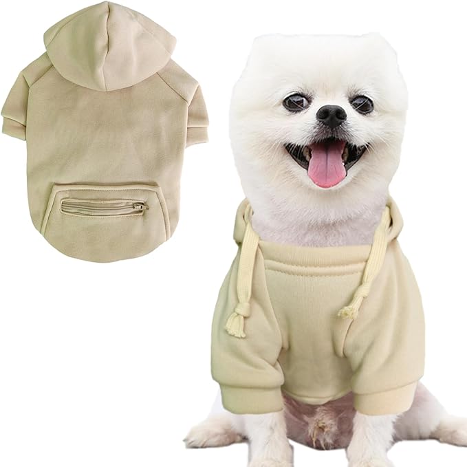Jecikelon Pet Dog Cold Weather Coat with Pocket Winter Dog Hoodie Warm Puppy Clothes for Small Dogs Chihuahua Clothing (Beige, Medium)