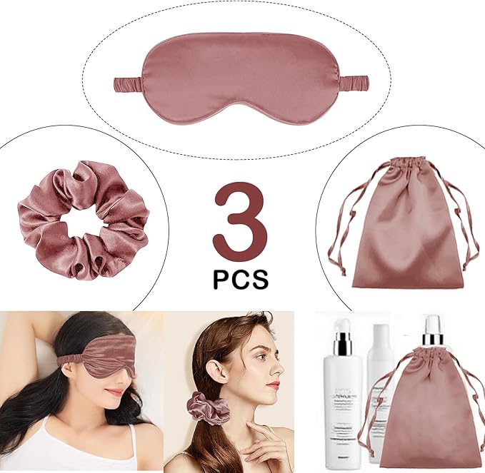 3Pcs Satin Eye Mask Silk Sleep Masks Set Silky Blindfold Eyeshade Blackout Eyes Cover Pouches Bag Scrunchy Wedding Gift