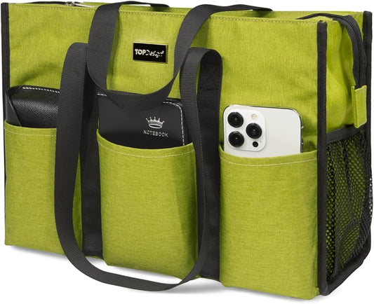 TOPDesign Utility Water Resistant Tote Bag with 13 Pockets, Top Zipper Closure & Thick Bottom Support, for Working Women