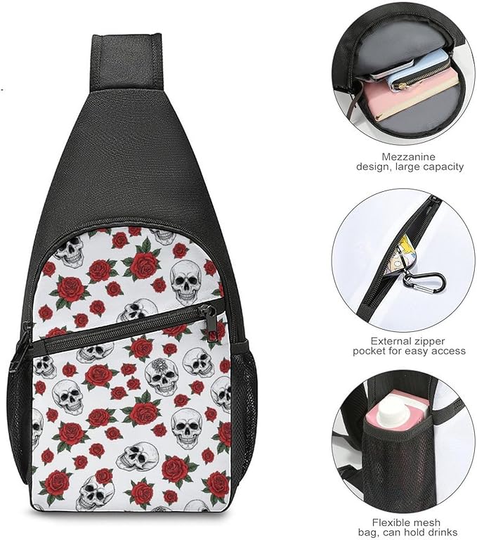 SWEET TANG Casual Sling Backpack Chest Shoulder Crossbody Backpacks, Unbalance Gym Funny Sack, Halloween Skull Rose Flower, Satchel Travel Bag Outdoor Hiking Daypack for Men Women
