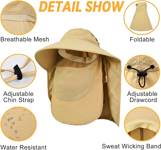 Sun Hats for Men Women Detachable Face Cover Wide Brim Fishing Hats with Neck Flap UPF 50+ Outdoor Safari Hats