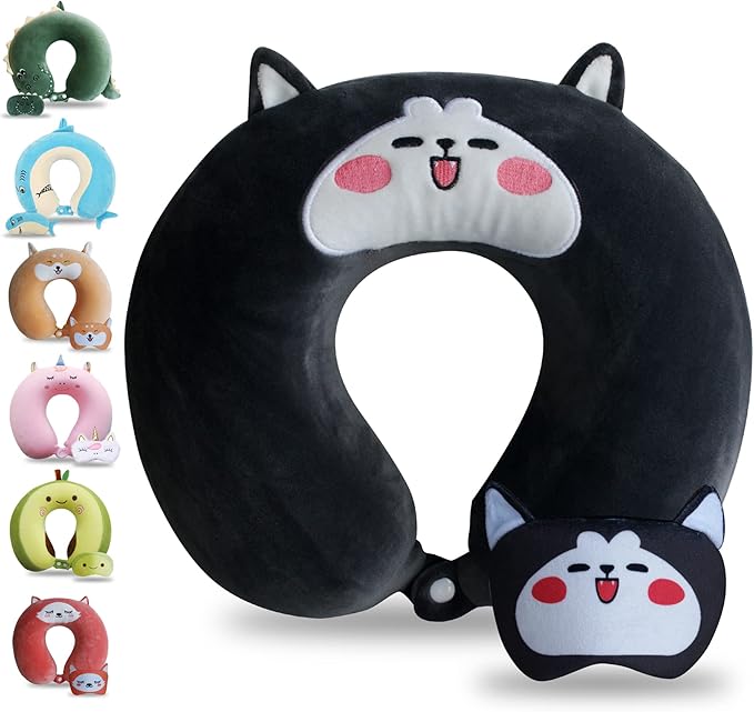 Sexysamba Cartoon Headrest & Neck Pillow for Kids Boys & Girls, Teens, Travel Accessories for Airplane, Car, Recline, Memory Foam Cute Travel Pillow with Sleep Eye Mask - Husky