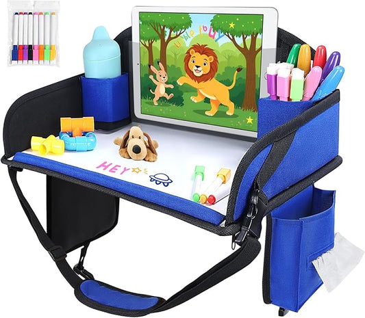 WENRENER Kids Travel Tray for Airplane - Toddler Car Seat Table Tray, Road Trip Essentials for Boys & Girls, Carseat Lap Desk for Kids Road Trip Activities(Navy Blue)