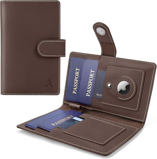 ALLIVE Family Passport Holder, RFID Blocking Passport Wallet with AirTag holder, Genuine Leather Travel Document Organizer for Women & Men, Airport Essentials, Travel Gift (Coffee Brown)