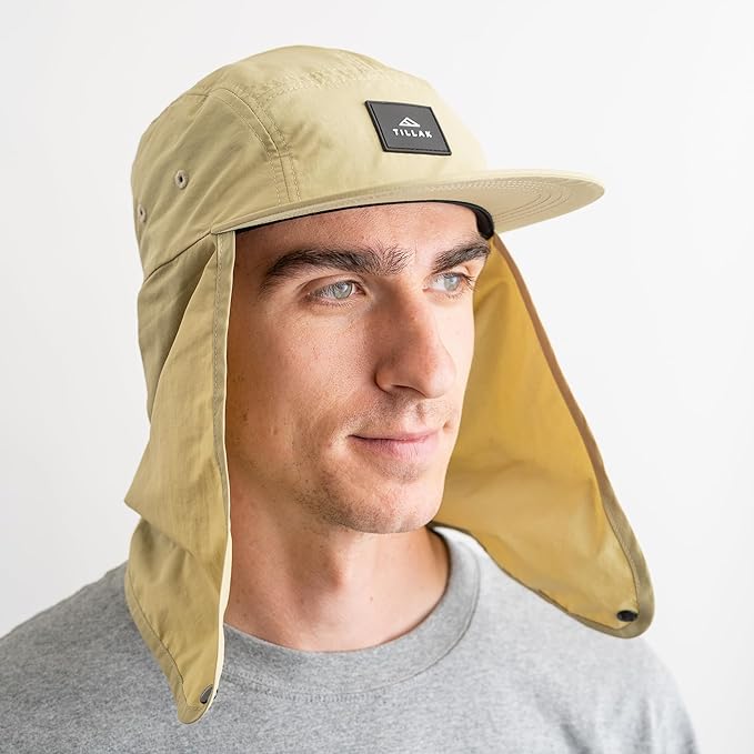 Tillak Chamisa Sun Hat, Lightweight Nylon 5 Panel Cap with Hide-able Neck Shade and Spring Cord