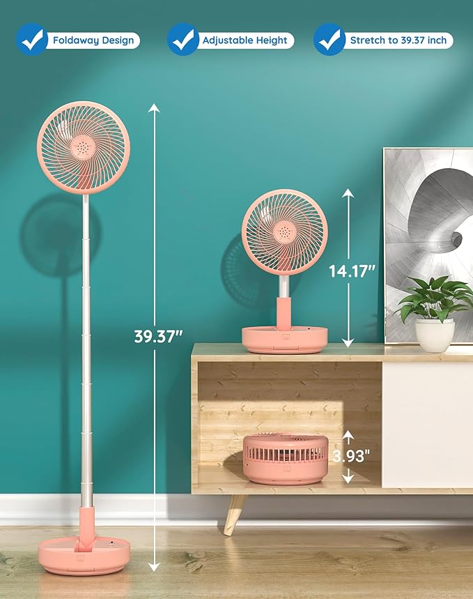 Primevolve Portable Oscillating Standing Fan,Rechargeable Battery Operated USB Floor Table Desk Fan with Remote, Bedroom Camping Travel Fans Pink 7.7"
