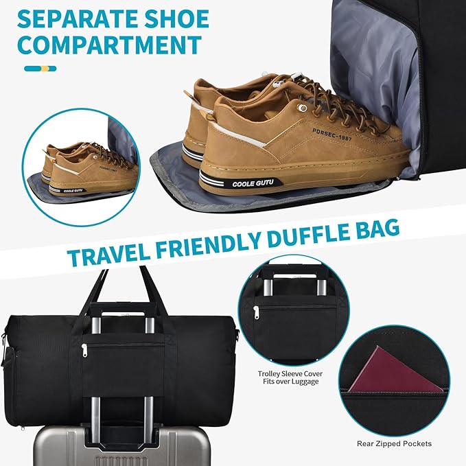 For Spirit Airlines Personal Item Bag 18x14x8, Foldable Small Travel Duffel Bags Gym Duffle Weekender Overnight Carry on Luggage Bag with Wet Pocket & Shoe Compartment for Women Men(Black, 30L)