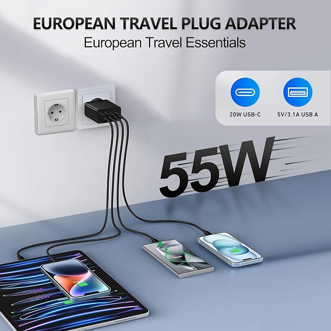 55W European Travel Plug Adapter 2 Pack, European USB C Charger 4-Port Fast Charger Type C Wall Charger USA to Europe Plug Adaptor for iPhone 17 16 15 14 13 12 11 Pro Max X 8, Galaxy, Android