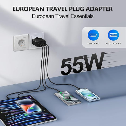 55W European Travel Plug Adapter 2 Pack, European USB C Charger 4-Port Fast Charger Type C Wall Charger USA to Europe Plug Adaptor for iPhone 17 16 15 14 13 12 11 Pro Max X 8, Galaxy, Android