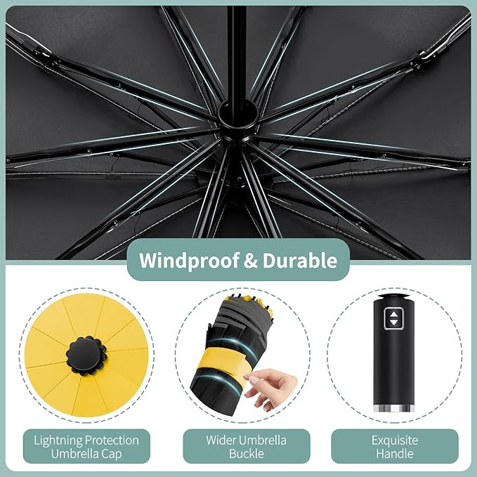 Seniny Travel Umbrella with Carabiner Handle, Windproof Large Umbrellas for Rain with Dual-Rib Structure, Portable Compact Umbrella with Reflective Strip, Car Backpack UV Umbrellas for Sun Protection