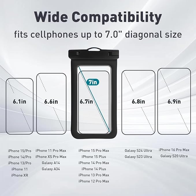 Floatable Waterproof Phone Pouch Case 2 pax for iPhone 17 16 Pro Max/15/14/13/12, IP68 Travel Cellphone Dry Bag Beach Cruise Ship Essentials Bags with Crossbody Lanyard,Black and White-7″