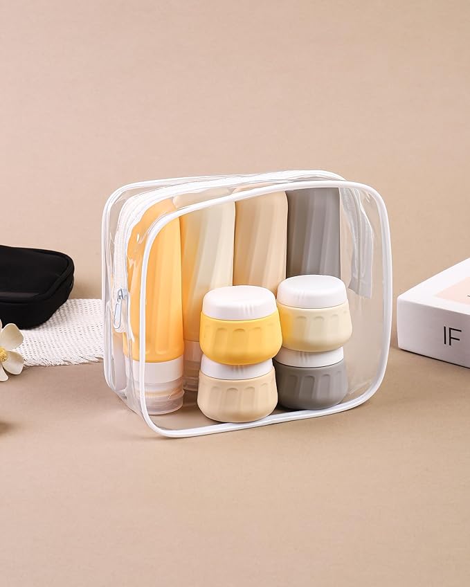 Travel Bottles for Toiletries 8 Pack, Travel Size Toiletries, Tsa Approved Travel Size Containers 3oz, with Travel Essentials Clear Bag, Leak Proof Silicone Squeezable Creams Jars