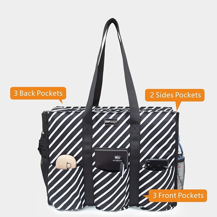 TOPDesign Utility Water Resistant Tote Bag with 13 Pockets, Top Zipper Closure & Thick Bottom Support, for Working Women