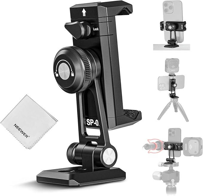 NEEWER SP-02 Phone Tripod Mount Adapter with Arca Type Quick Release Plate Cold Shoe 360° Rotation 180° Tilt Cleaning Cloth, Foldable Holder Compatible with iPhone Android Samsung for Video Recording