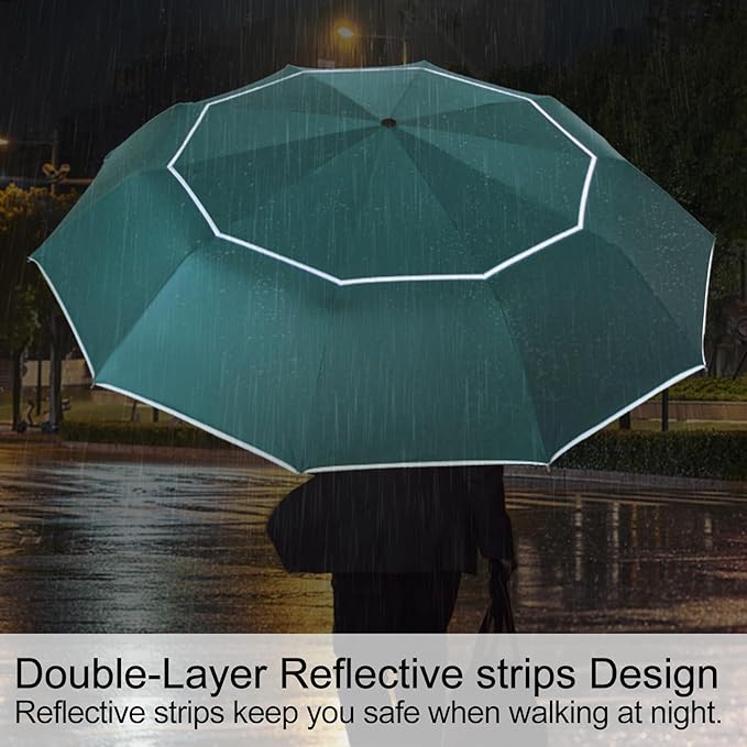Satol Extra Large Golf Umbrella, 46/54/62 Inch Windproof 10 Ribs Vented Double Canopy Reflective Strips Automatic Open/Close Waterproof UV Protection Portable Compact Umbrella for Outdoor & Travel