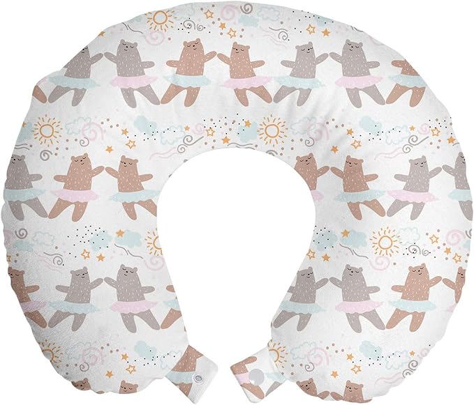 Ambesonne Cartoon Travel Pillow Neck Rest, Funny Ballerina Dancer Bears in Tutu Costume Dancing Stars Happiness Style, Memory Foam Traveling Accessory for Airplane and Car, 12", Dust Rose