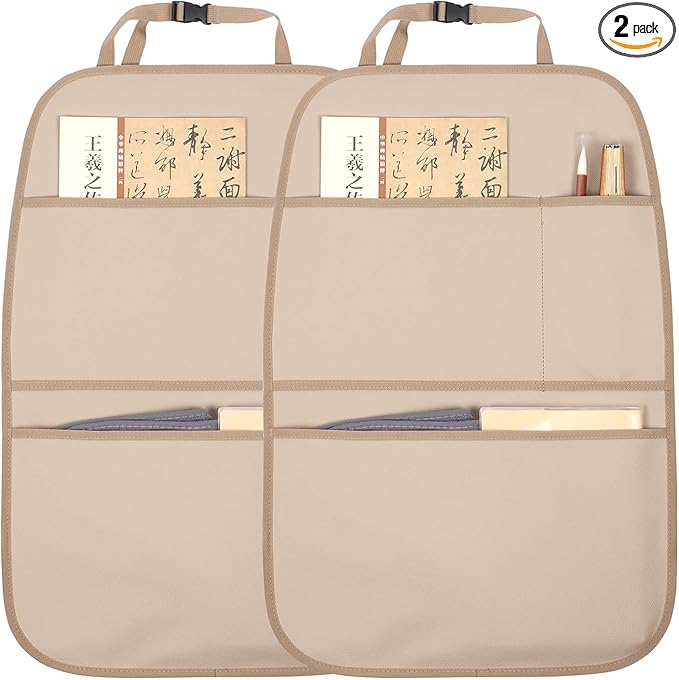 Kick Mat Back Seat Protector Waterproof Leather Car Seat Back Organizers Cover with 3 Storage Pockets for Kids Pets SUV Sedan Minivan Truck Car Travel Accessories (Beige 2-Pack)