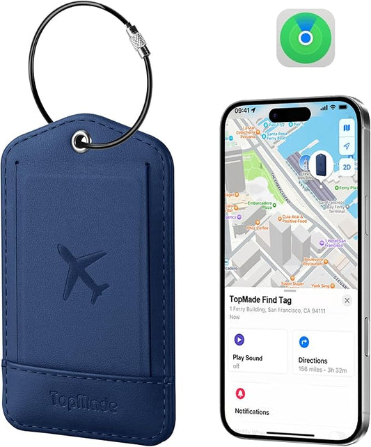 TopMade Smart Luggage Tag with Apple Find My, Premium Leather Luggage Tags for Suitcase, Travel Bags, Backpacks, Anti-Lost Suitcase Tag Tracker for Travel with Privacy Name Card, Rechargeable