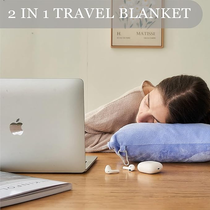 Commollis 2-in-1 Travel Blanket & Pillow for Airplane, Car, Train - Warm Compact Flight Blanket with Luggage Strap & Backpack Clip, Machine Washable, All-Season Use