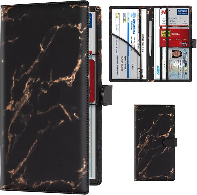 TOURSUIT Car Registration and Insurance Card Holder, Vehicle License Document Glove Box Compartment Organizer, Interior Car Accessories for Women Men (Marble Black)