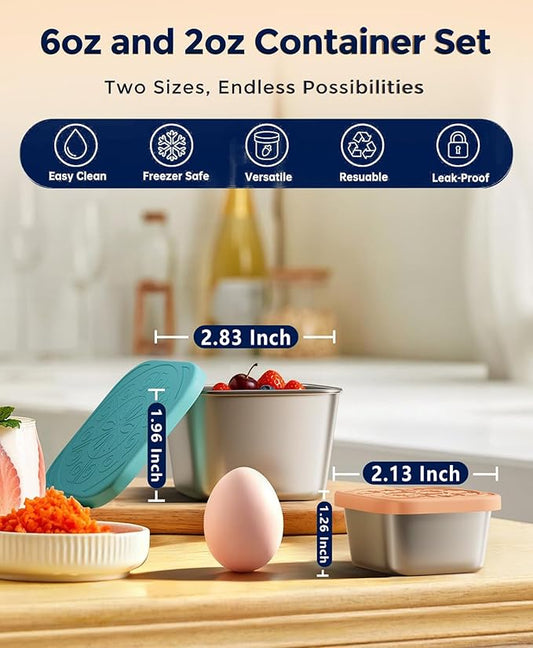 Dobyusf 24-Piece Stainless Steel Snack Container Set - Airtight Silicone Lid with Printed Design Sauce Containers, Multi-Use Food Storage for Salads, Dips, Snacks, Microwave & Dishwasher Safe