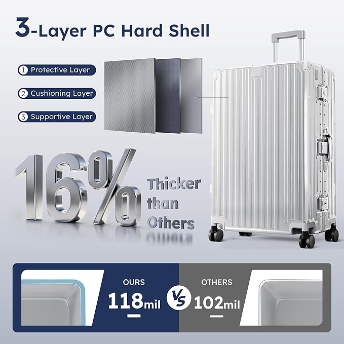 ALPHA CAMP 24 Inch Check-in Luggage, Dual Layer Aluminum Frame Luggage with TSA Spinner Wheels, 3-Layer PC Hard Shell Zipperless Lightweight Hardside Suitcase, Type-C USB Charging Port, Cup Holder