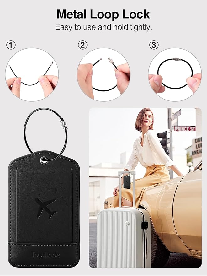 TopMade Smart Luggage Tag with Apple Find My, Premium Leather Luggage Tags for Suitcase, Travel Bags, Backpacks, Anti-Lost Suitcase Tag Tracker for Travel with Privacy Name Card, Rechargeable