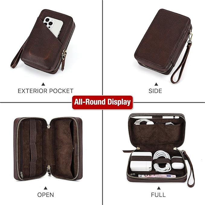 Electronic Organizer Case Tech Kit, Top Grain Leather Handmade, Portable Compact Travel Electronic Accessories Storage Case Fits Phone, USB Cables, Chargers, Hard Drive, Cards, Apple pencil