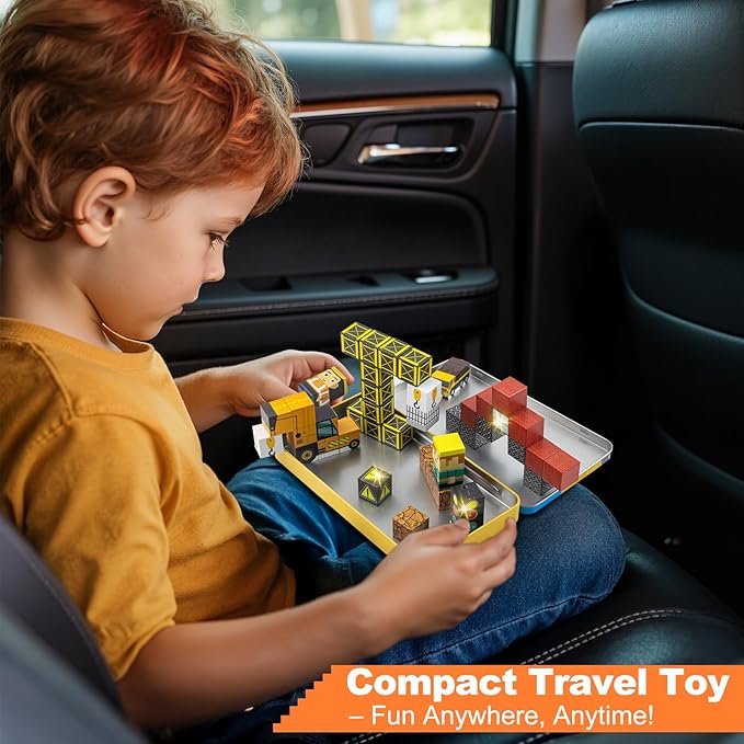 Aywewii Travel Magnetic Blocks 45 PCS Travel Games for Kids Ages 3-5, Magnet Building Cubes STEM Learning Set with Iron Case - Portable Building Toys for Boys and Girls (Construction Edition 1)