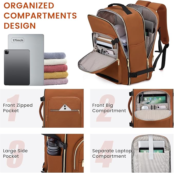 LOVEVOOK 40L Large Travel Backpack for Women Men, 17 Inch Carry on Backpack for Traveling on Airplane, Personal Item Travel Bag Airline Approved, Business Causal Weekender Backpack, Brown Yellow-Black