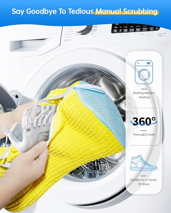 Shoe Washing Machine Bag – Reusable Laundry Shoe Bag for Washer and Dryer, Durable Chenille Microfiber with 360° Cleaning, Hidden Zipper Design for Sneakers, Tennis Shoes, Yellow