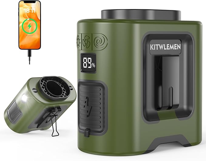 KITWLEMEN 14500mAh Portable Waist Fan - Personal Clip on Belt Fan, 5 Speed 67H Cooling, Rechargeable Battery Operated, Wearable with Lanyard & Light for Camping, Travel, Jobsite (Green)